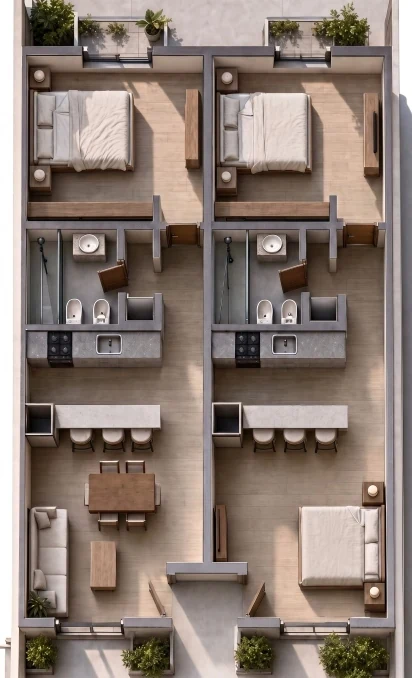 Plano de planta del Edificio Zeballos — Nivel tipo. Ambas unidades con dormitorio al contrafrente, baño central y área social sobre el frente.