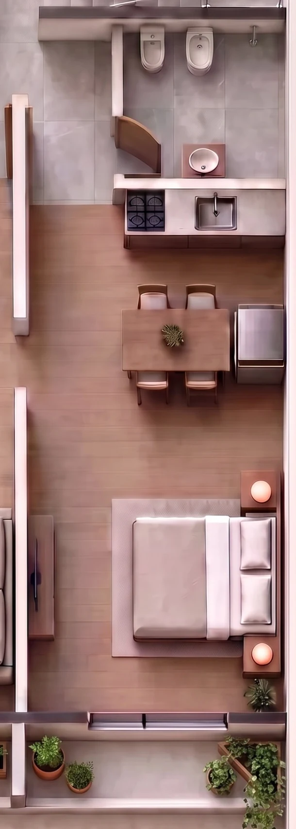 Planta amoblada de la unidad Monoambiente de 35 m² del Edificio Zeballos
